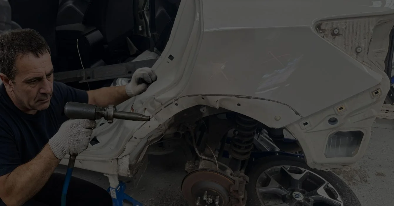 An auto repair technician begins restoring damage on a dismantled vehicle’s rear left side, with X marks indicating body and frame repair points.