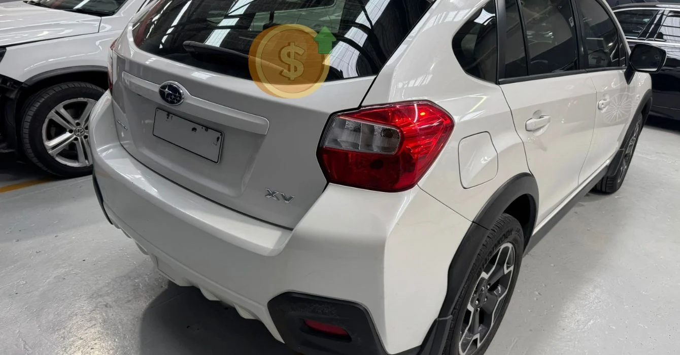 A repaired vehicle with a gold coin and green upward arrow overlay, symbolizing improved resale value after professional smash repairs.