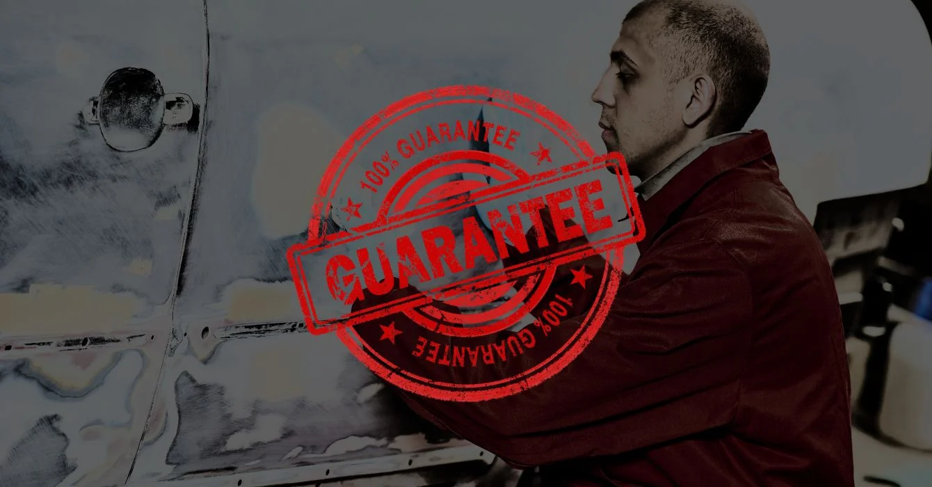 An auto body repair expert working on a vehicle, overlaid with a 'guarantee' stamp symbolizing service satisfaction assurance.