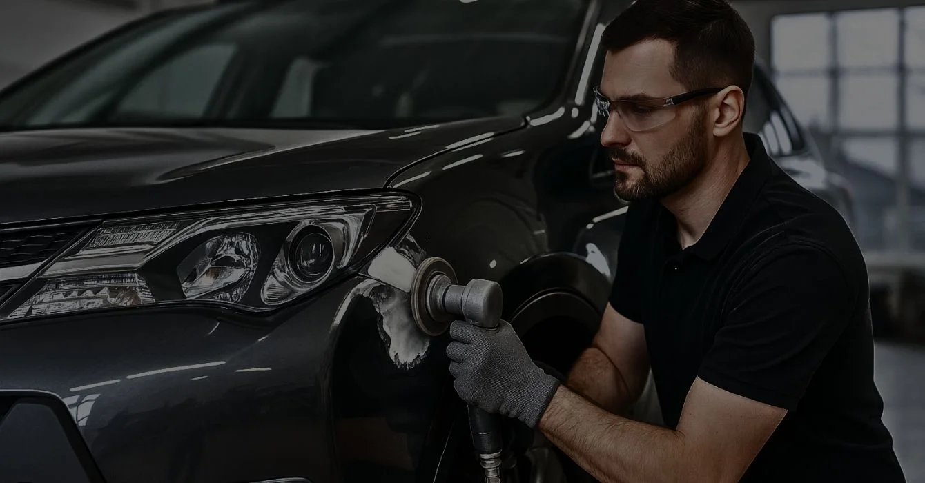Smash repair technician working on a damaged vehicle inside a modern auto body workshop, with tools and equipment in the background.